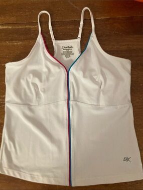 Denise Austin active White Tank Top with Pink & Blue Trim, built in bra size M
